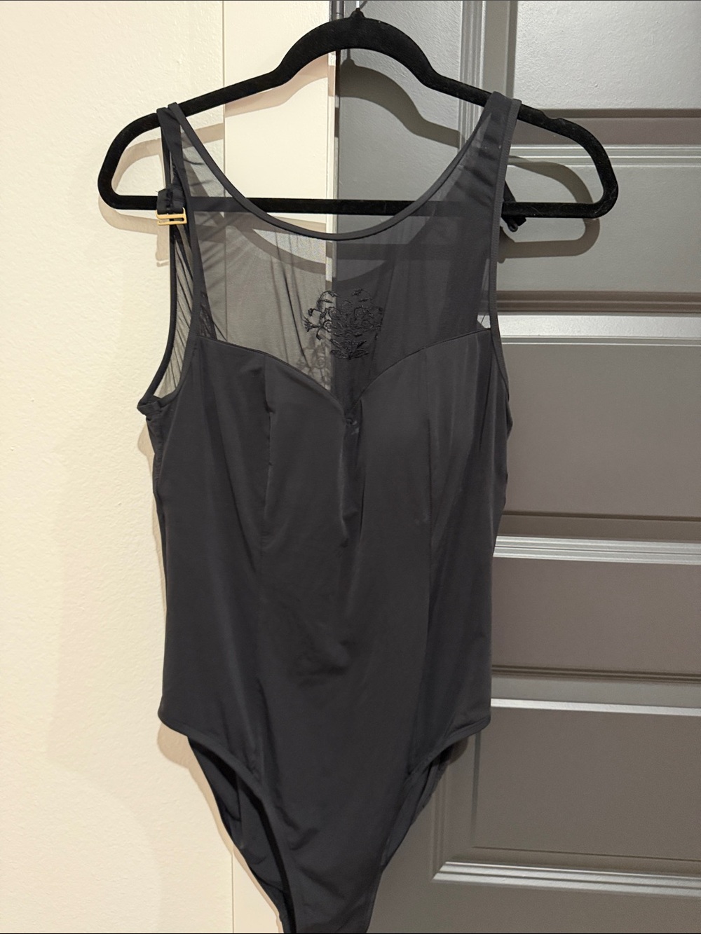 Jantzen Black Sheer Mesh Bodysuit with Scalloped Bust